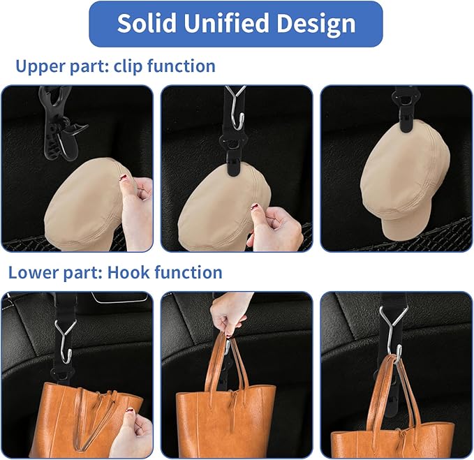 Headrest Hooks for Car, 2-in-1 Backseat Organizer with Bag Hook & Hat Clip, Extendable Universal Vehicle Storage Hanger Car Gifts for Purse, Grocery, Shopping Bag, Cap (4 Pack)