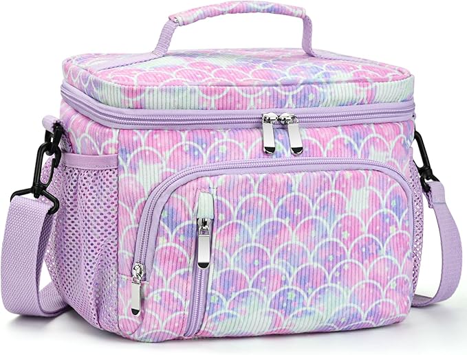 Insulated Lunch Bag for Women - Leakproof Lunch Box Soft Cooler Tote, Adjustable Strap, Reusable Lunch Box for Work Office Picnic Beach Travel-Corduroy Colorful Fish Scales