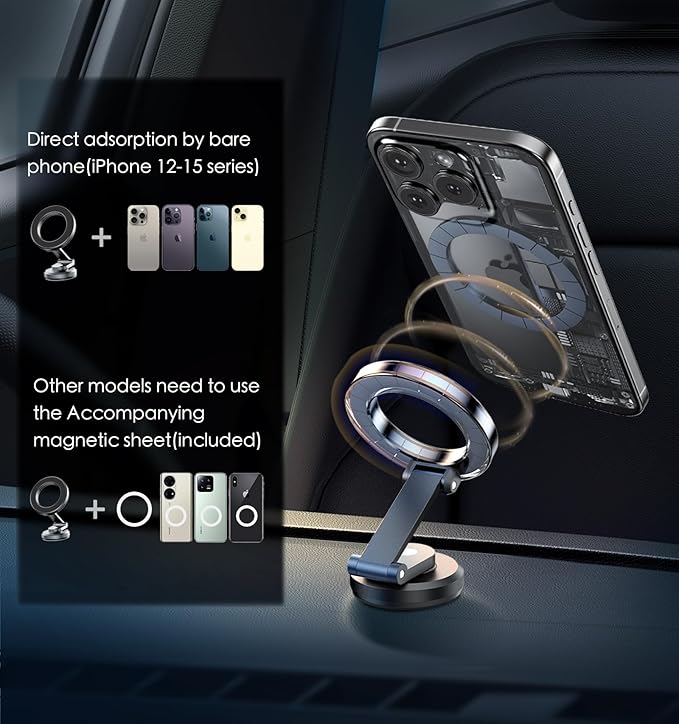JUHOO Phone Holder for Car Magnetic Rotatable and Retractable, Fits iPhone 15, 14, 13, 12, Pro, Mini, MagSafe Case