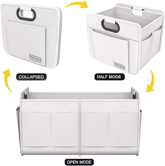Homeve Trunk Organizer, Car Storage, Reinforced Handles, Collapsible Multi-Compartment, Foldable, Waterproof, Sturdy, 600D Oxford Polyester For Car, SUV, Mini-Van, White, 2 Compart