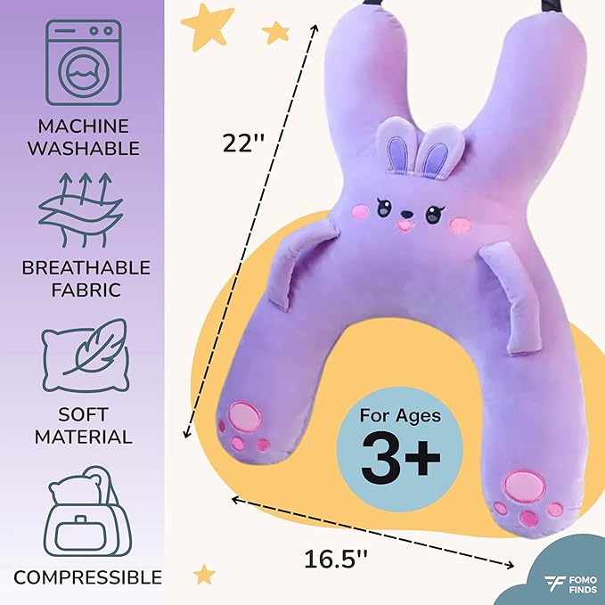 Kids Car Sleeping Pillow - X-Shaped Plush Animal for Neck & Back Support - Hands & Seat Belt Slot - Machine Washable & Compressible - Perfect for Car, Plane, Train, Boat & More - Purple