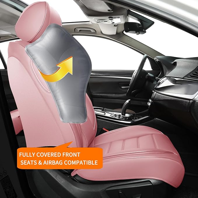 Pink Car Seat Covers Full Set, Universal Faux Leather Seat Covers for Cars 5 Seats, Waterproof Leather Car Seat Covers, Comfortable Automotive Seat Covers for Most Sedans Trucks SUVs