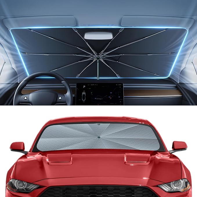 Autorder Windshield Sun Shade Umbrella for 2015-2023 Ford Mustang Accessories,Upgraded Ice Crystal Material,Easy Setup Umbrella Sunshade for Car Windshield,100% Sun Blocking