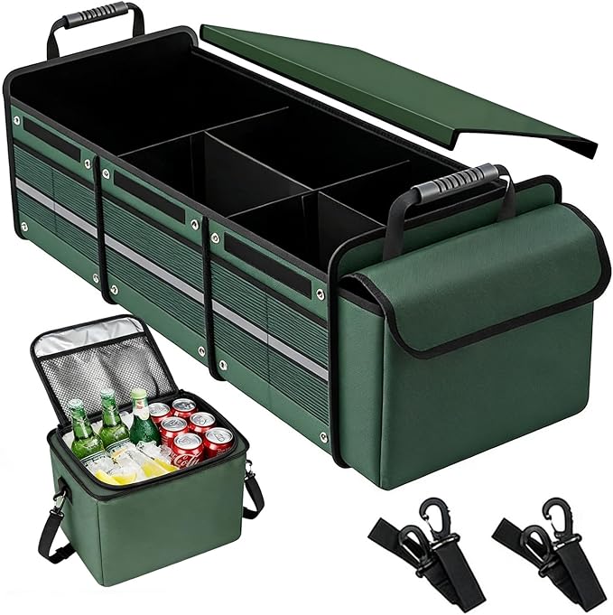 Car Trunk Organizer with Cooler Bag, Collapsible Multi-Compartment Car Organizer for SUV, Truck, Durable Car Storage Organizer for Groceries, Camping, Christmas Gifts (Green)
