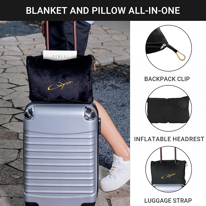 Airplane Travel Blanket with Pillow,300 GSM Soft Fleece Compact Blanket with Carry Bag,Lightweight Travel Blanket for Flights,Black