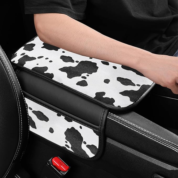Cow Print Car Center Console Cover PVC Leather Armrest Cushion with 2 Storage Bags Universal Car Armrest Seat Box Pad Car Interior Accessories Protector for Women Men (White Black)