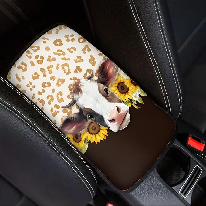 UNICEU Sunflower Farm Cow Print Car Center Console Armrest Cove Neoprene Soft Car Armrest Box Cover Pad Auto Interior Decor Accessoires