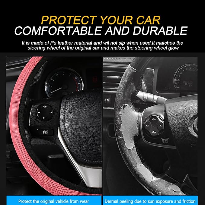 Car Steering Wheel Cover, Ice Silk Elastic Anti Slip Vehicle Protector, Breathable Easy Carry Automotive Interior Protective Wrap Accessories, Universal for SUV, Sedan, Truck (Pink)