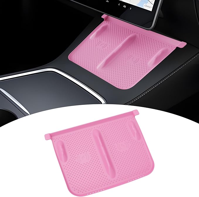 HSB Upgrade Silicone Mat for Tesla Model Y Model 3 Center Console, Wireless Charging Phone Pad, Interior Accessories (Not for 2024 Model 3) (Pink)