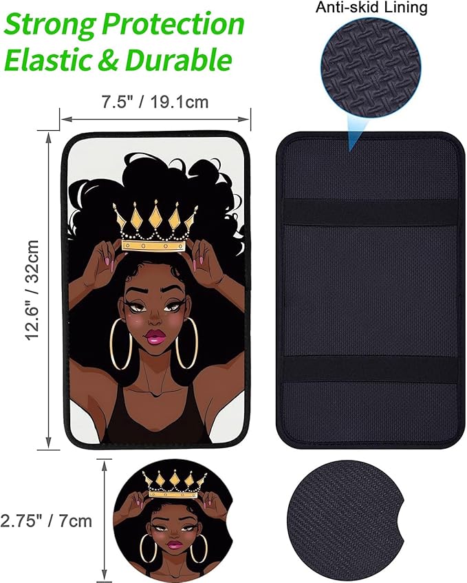 Car Armrest Cover Pads Universal Fashion Cute Auto Center Console Armrest Cover Pad with 2PCS Car Coasters Soft Waterproof Car Armrest Seat Protector for Women, African Black Girl