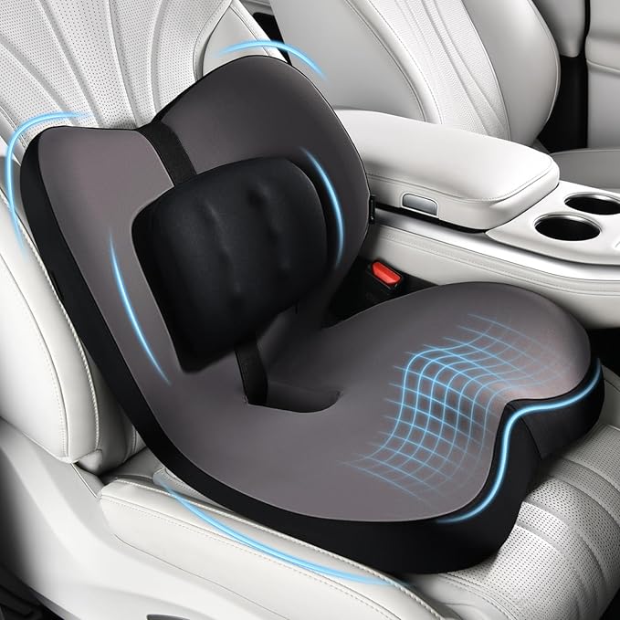 FLORICH 2 in1 Truck Seat Cushion and Lumbar Support Pillow Memory Foam Car Seat Cushion with Adjustable Strap for Truck Driver Long Drives, Fits Semi Truck Seat,Car,Office&Gaming Chair(Black)