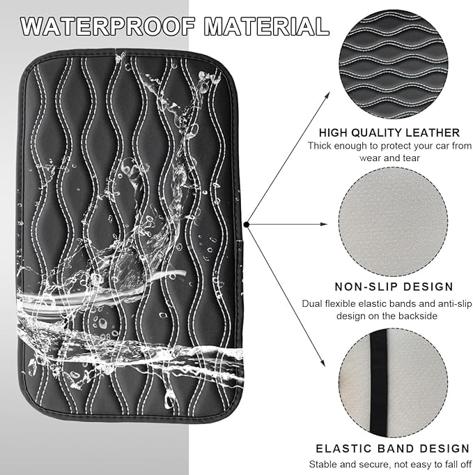 Car Center Console Cushion Pad, 12.48×7.40 Inches Waterproof Car Armrest Seat Box Cover, Comfortable PU Leather Vehicle Armrest Cover Protector, Car Decor Interior Accessories (Black＋White)