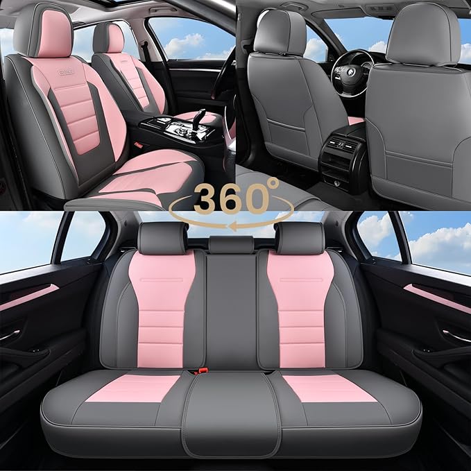Coverado Car Seat Covers Full Set, Nappa Leather Seat Covers for Cars, Car Seat Protector Car Seat Cushion, Front and Back Seat Protectors Cushions Universal Fit for Most Cars Vehicles(Gray&Pink)
