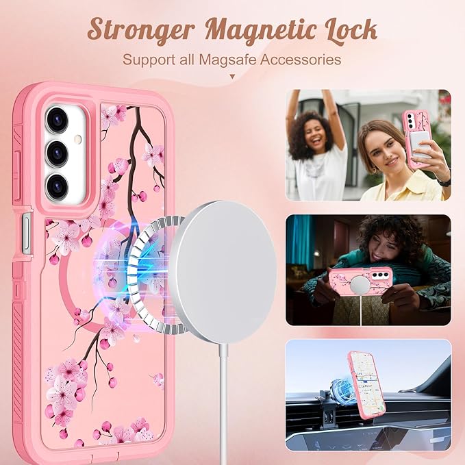 for Samsung Galaxy A15 5G Phone Case - Compatible with MagSafe Women Girls Cute Magnetic Protective Cover Kawaii Flower Girly Pretty Design Heavy Duty Shockproof for Samsung A15 5G Case 6.5"