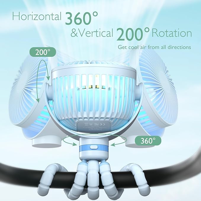 Momcozy 8000mAh Portable Stroller Fan, 27H Ultra-long Battery Life Detachable 4 Speed 360°Rotate LED Night Light with 2 Modes, USB Rechargeable Handheld Cooling Fan for Travel/Car Seat/Bedroom