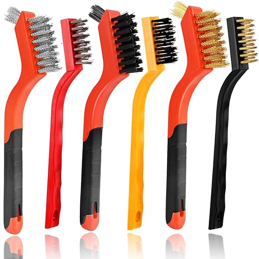 6pcs Wire Brushes for Cleaning Rust, Upgrade Wire Brush Set - Brass/Stainless Steel/Nylon Bristles, Small Metal Wire Brush with Curved Handle Grip, Wire Brushes for Paint and Stain, 7 Inches