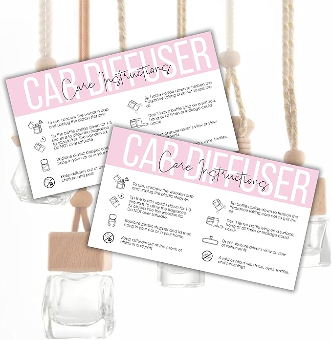 Car Oil Freshie Diffuser Care Freshie Instructions Cards | 50 pk 3.5x2” Hanging Oil Wood Top Aroma Air Freshener DIY Bulk Package Inserts Warning Labels Pink