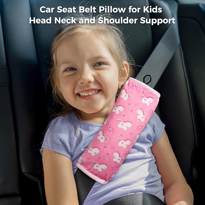 COOLBEBE Seat Belt Pillow for Kids, Extra Soft Toddler Travel Pillow for Car Seat, Universal Carseat Strap Cushion Pads for Childs Baby People Adults, Pink Unicorn