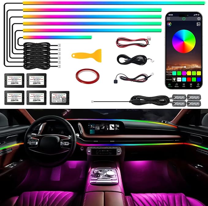 Dreamcolor Acrylic Interior Car Light with Wireless APP, RGB 10 in 1 Car Ambient Lighting Kits with 175 inches 600 LEDs, 16 Million Colors Sound Activated Car Neon Lights