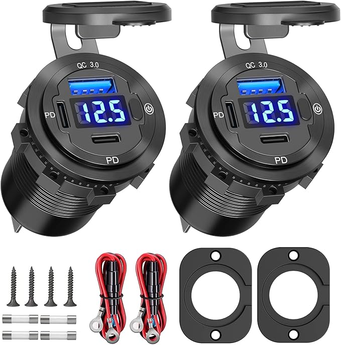 USB C Car Charger Socket 12V USB Outlet 2 Pack: Aluminum Metal 78W Dual PD 30W and 18W QC3.0 Port Multi Charger Outlet with LED Voltmeter Power Switch for RV Motorcycle Boat Marine