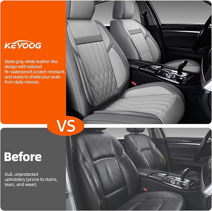 KEYOOG Universal 2-Seater Waterproof Breathable Nappa Leather Car Seat Covers Full Set, Compatible with Toyota Corolla Camry, Lexus LS400, Nissan Murano Rogue, Fit Front Seats Most Sedans SUV- Gray