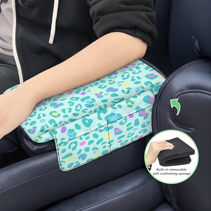 Dreaweet Teal Leopard Print Arm Rest Cover for Car Women Thick Center Console Cover Pad with Pockets Cheetah Print Car Accessories Anti-Scratch Armrest Cover for SUV Sedan