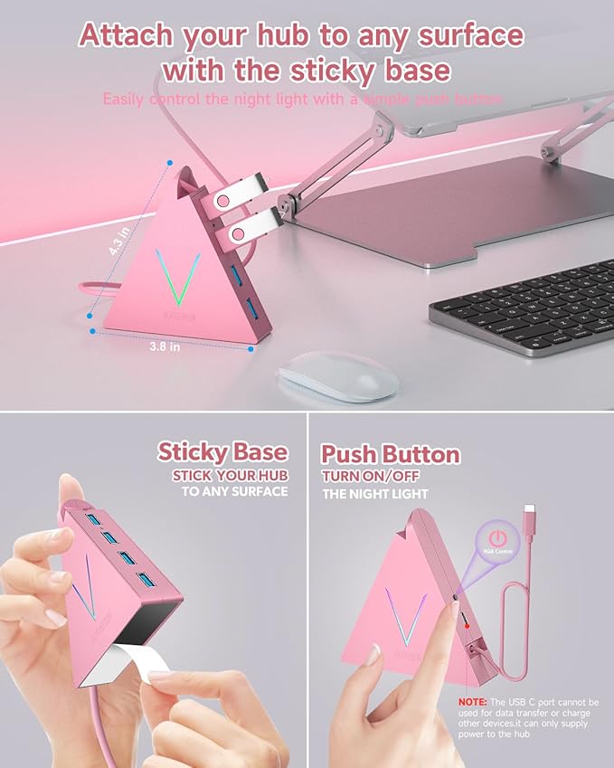 USB C Hub, Type C to 4 USB 3.0 Ports with 2 FT Extension Cables,Thunderbolt to USB Hub Adapter for iPad Pro/Air, MacBook Pro, Mac mini, iMac, Surface,XPS, Mouse, External Hard Drives(Pink)