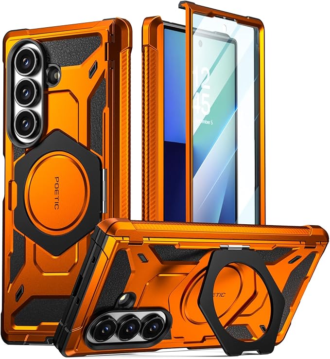 Poetic Spartan for Samsung Galaxy Z Fold 7 Case, [Hinge Protection][Magnetic Ring Adjustable Stand][Built-in Screen Protector][Compatible with MagSafe] Full-Body Rugged Phone Case, Metallic Orange