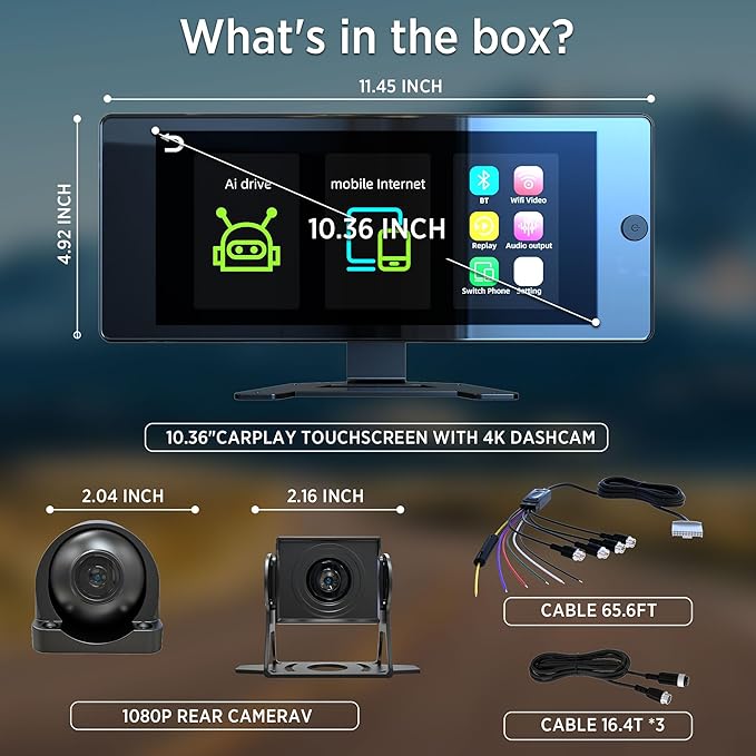 ASLONG 10.36" Wireless CarPlay Screen for Car & 4K 4CH Dash Cam with Android Auto, Portable HD Touchscreen Car Stereo with 1080P Backup Camera, GPS Navigation Mirror Link for Semi Trailer Truck