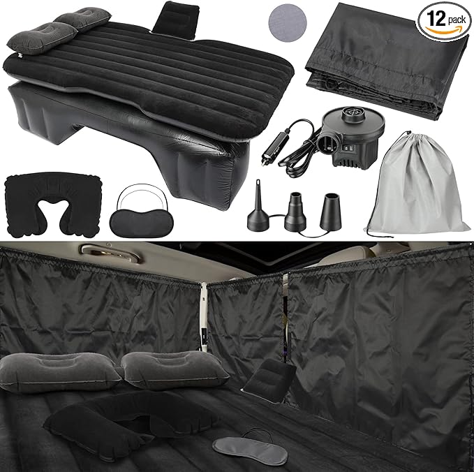 Tallew 12 Pcs Car Air Mattress Back Seat Inflatable Bed, 52 x 31.8 in Thickened PVC Flocking Leak Resistant Air Bed for SUV Truck Car Camping with Window Shade Curtain Portable Travel Sleeping Set