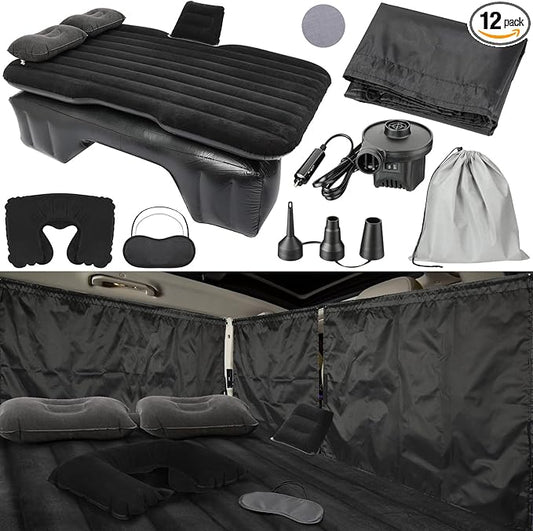 Tallew 12 Pcs Car Air Mattress Back Seat Inflatable Bed, 52 x 31.8 in Thickened PVC Flocking Leak Resistant Air Bed for SUV Truck Car Camping with Window Shade Curtain Portable Travel Sleeping Set