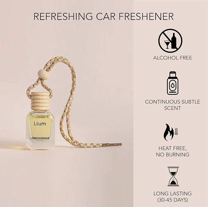 Llum Lemongrass Hanging Car Air Freshener – Luxury Automotive Perfume Diffuser 10ml (0.34 fl oz), Long-Lasting Fragrance, Alcohol-Free Non-Toxic Car Scent, Glass Bottle With Wood Cap