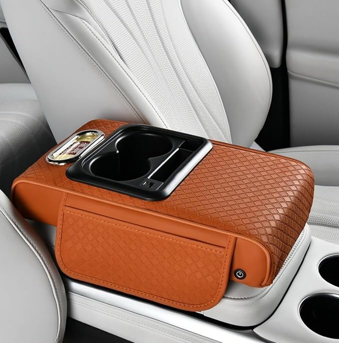 2026 Upgraded Car Center Console Cushion with 30w USB& Type-C Charging Ports, Leather Car Armrest Pad Cover, Interior Accessories for Most Vehicles (Classic Flat Version, Orange)