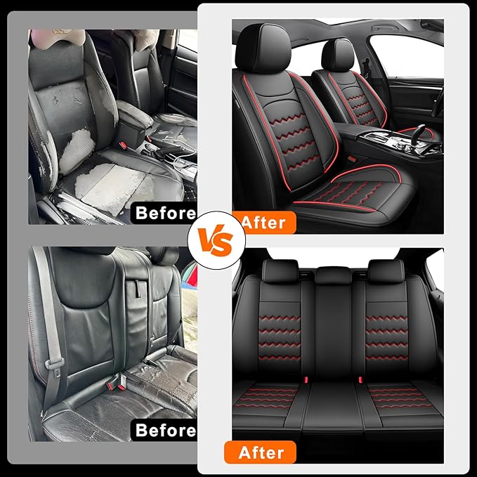 CX-90 Car Seat Covers Fit for Mazda CX-90 2007-2026, Full Coverage Premium Leather Waterproof Breathable Seat Covers, Automotive Seat Protectors, Airbag Compatible(2 Front Seats, Black & Red)