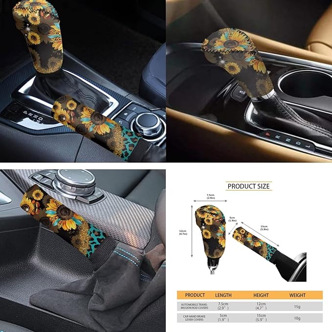 FKELYI Full Set Car Interior Accessories - Sunflower Leopard Seat & Headrest Covers, Steering Wheel, Gear Shifter & Handbrake Covers, Cup Coasters