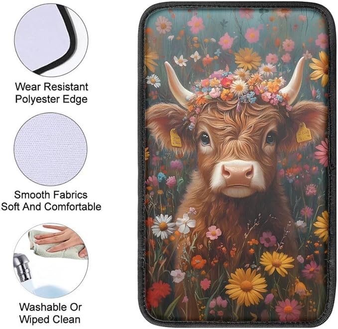 Dreaweet Car Center Console Cover Cute Highland Cow Car Accessories Interior for Women Soft Comfy Arm Rest Cover for Truck SUV Van,Car Armrest Cover Center Console Cushion Pad Universal Fit