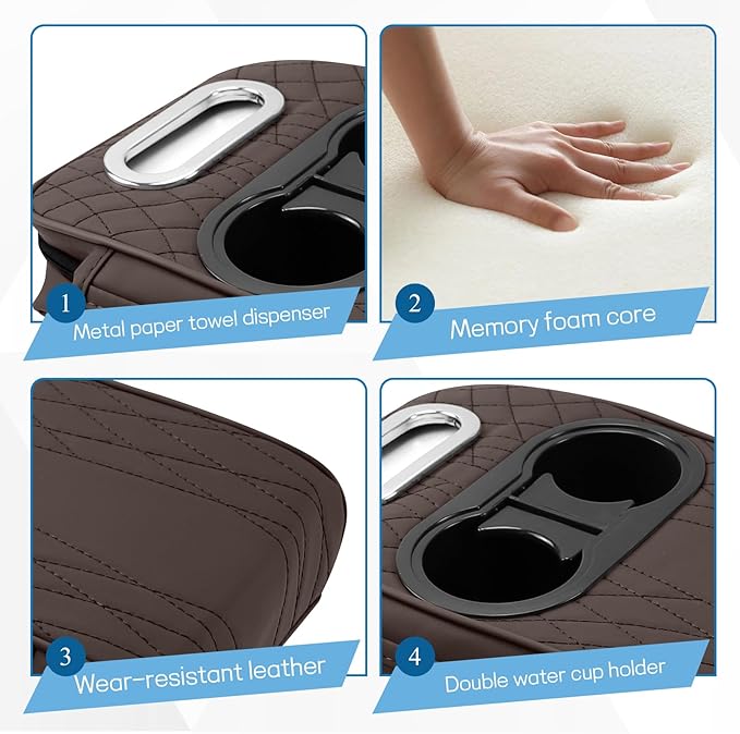 wuyaoyao Car Center Console Armrest Pillow, 13.78"×7.48"×2.56" Leather Arm Rest Cover for Cars, Memory Foam Auto Armrest Cushion Pad with Pocket, Cup Holder & Tissue Box, Car Accessories (Coffee)
