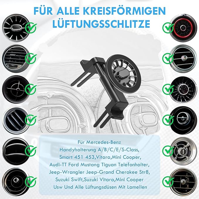 ICAILIN Round Air Vent Car Phone Mount, for Mercedes Benz (A/B/C/E/S-Class) & Jeep Wrangler (2007-2025 JL/JK/4XE/Gladiator), Compatible with MagSafe 20 Pieces of N52 Super Strong Magnets