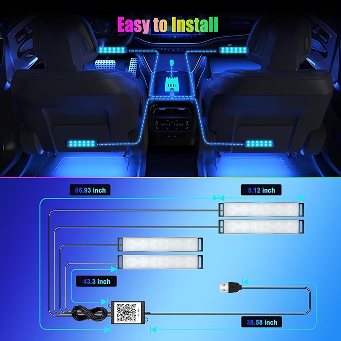 Yilaie Car Lights Interior, Multcolor RGB Interior Lights with APP Control and Music Sync, USB Under Dash Lighting Kit with Charger Dc 5v, Car Accessories for Women