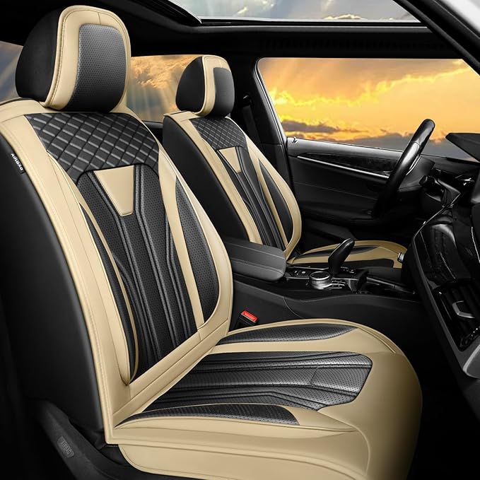 Fit CRV Car Seat Covers Premium Leather for Honda CRV cr-v 2011-2025 2026. Waterproof， Breathable, Scratch-Resistant & All-Weather Seat Cushion Protector (Full Set,Beige&Black)