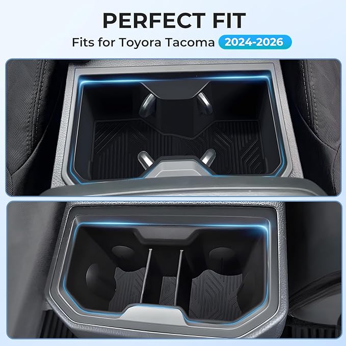 Center Console Cup Holder Inserts for Toyota Tacoma 2026 2025 2024, Silicone Front & Rear Cup Holder Liners Interior Accessories Cup Holders Covers Protector for 2024-2026 Tacoma, Black