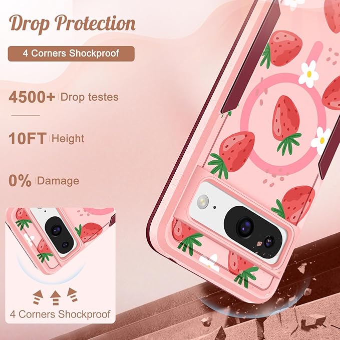 for Google Pixel 8 Case 6.2 Inch - Compatible with MagSafe Women Girls Cute Magnetic Protective Cover Girly Kawaii Strawberry Heavy Duty Shockproof Design for Google Pixel 8 Phone Cases