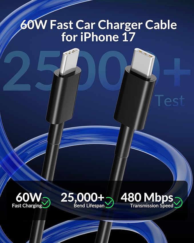 iPhone 17e 17 16 15 Pro Max Car Charger Fast Charging, 70W 3-Port USB C Car Charger Cigarette Lighter Adapter Accessories & 3FT USB C Cable for iPhone 17e/17/17 Pro Max/Air/16/16e/15 Pro/Plus, iPad