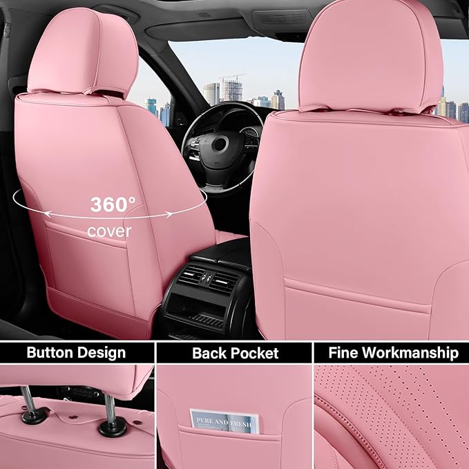 Coverado Seat Covers for Cars, Leather Car Seat Covers Full Set, Pink Waterproof Seat Covers, Luxury Car Seat Protector, Front and Back Car Seat Cushions Universal Fit for Most Sedans, Trucks, SUV
