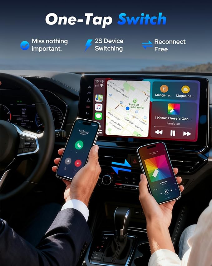Wireless CarPlay Adapter - 1-Click Multi-Device Switch for Family Rides, Fast Auto Reconnect, CarPlay & Android Auto, iOS 10+/Android 11+, Multifunctional Button, OTA Upgrade