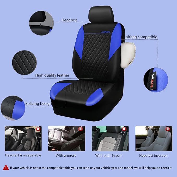 CAR PASS Leather Seat Covers-Universal Quilting Car Seat Cover with 5mm Composite Sponge Inside,Airbag Compatible,Front and Rear Seat Covers for Most Sedan,SUV,Van,Truck(Full Set,Blue)