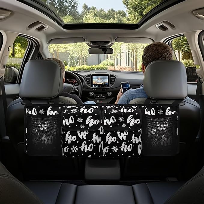 Hanging Car Trunk Organizer, Black Christmas Car Back Seat Storage Bag with 4 Pockets Waterproof Auto Interior Accessories for SUV MPV Sedans Trucks Van