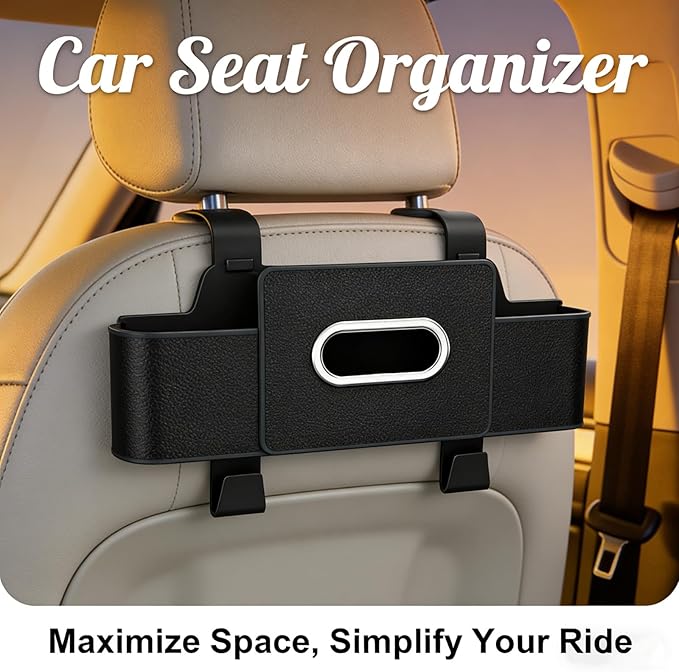 Car Back Seat Organizer with Cup Holders and Tissue Box, 3-in-1 Multifunctional Headrest Storage for Car, Hanging Organizer with Trash Bin & Hooks for Phones, Snacks, Handbags - Black