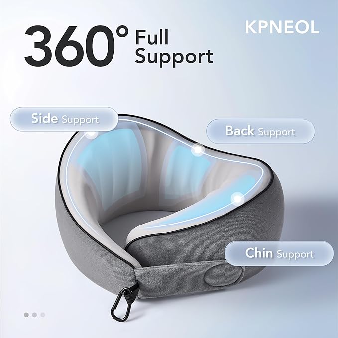 Travel Pillow, 100% Pure Memory Foam Travel Neck Pillow Airplane Neck Support Ergonomic Design for Traveling Suitable for Airplanes,Offices and Cars-Cooling Silk Grey Cover