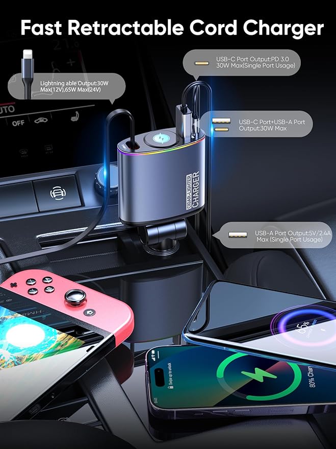 Retractable Car Charger,Topume 60W Fast Charging USB C Car Charger,Retractable Cable 2.9FT[for iPhone Cable] and Colorful Ambient Lighting car Adapter for iPhone 16/15/15 Pro Max/14/13/12/11,Galaxy